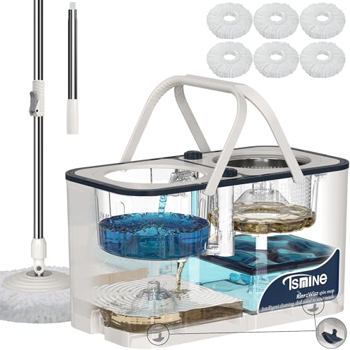 RinseWise Large Gen 1 Mop Bucket Set, Clean/Dirty Water Separation, White - size: Large Gen 1- White/Blue+6 Mop Heads