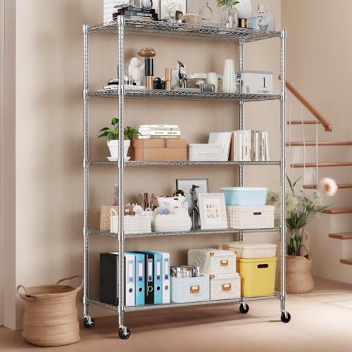 Himimi 60" W Storage Shelves, 5-Tier Wire Shelving with Wheels 3250LBS Heavy Duty Metal Shelves for Storage, Adjustable Wire Rack Shelving for Garage Kitchen Pantry 24" Dx60 Wx82 H, Silver - color: Silver, size: 24"D×60"W×82"H, 5-Tier