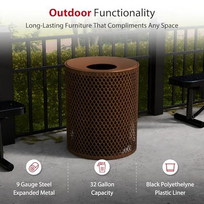 Leisure Craft 32 Gallon Commercial Outdoor Trash Can, Metal, Made in USA - color: Brown