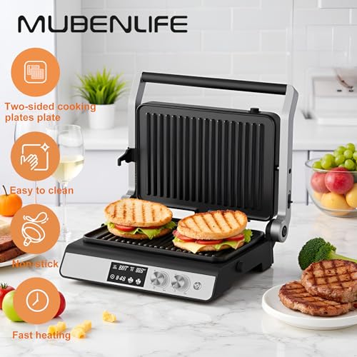 Panini Press,4 Slices Contact Grill with Removable Non-Stick Coated Grill and Flat Plates,Panini Makers with Temperature Control and Timer,Open 180 Degrees,Grill and Griddle (Silver with digital) - color: Silver with digital