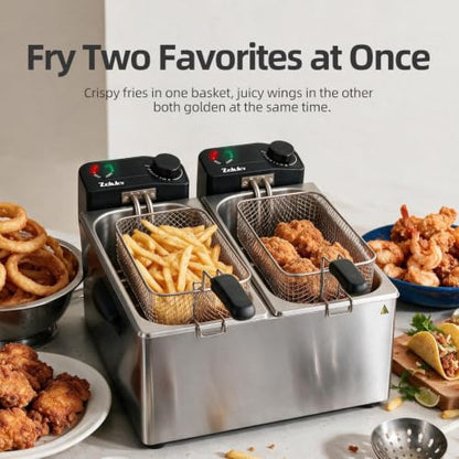7.4QT Double Deep Fryer with Oil Filtration System, 3000W Dual Basket Electric Deep Fryer for Home Use with 2 Baskets, Large Countertop Fryer with Viewing Window and Adjustable Temperature