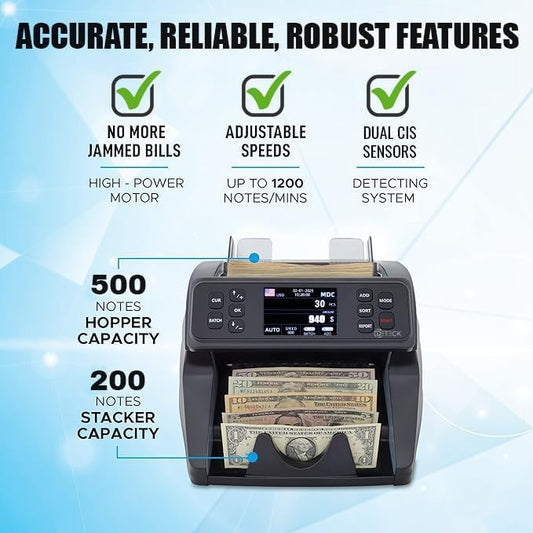DETECK DETECK DT600 Bank Grade Money Counter Machine Mixed Denomination, Multi Currency Value Counting Money Machine, Serial Number, 2CIS/UV/IR/MG/MT Counterfeit Detection with DETECK DT40P Printer