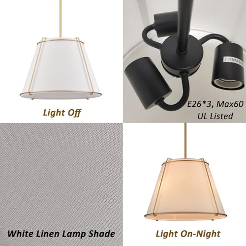 3-Light Gold Cone 16" Pendant Light Fabric Drum Shade with Metal - color: Gold