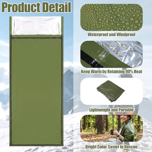 4 Pack Emergency Blanket Bivvy Bag - Waterproof Mylar Survival Sleeping Bag for Camping Hiking, Lightweight Thermal Bivy Sack, 74" x 33" x 12" Green Polyester Emergency Gear