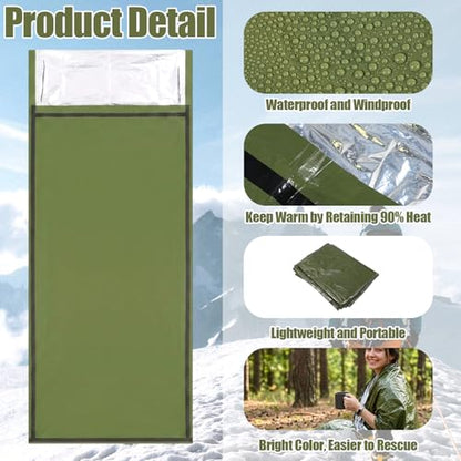4 Pack Emergency Blanket Bivvy Bag - Waterproof Mylar Survival Sleeping Bag for Camping Hiking, Lightweight Thermal Bivy Sack, 74" x 33" x 12" Green Polyester Emergency Gear