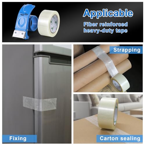 BOMEI PACK 3Rolls Filament Strapping Tape 2Inch with Dispenser, Heavy Duty Fiberglass Reinforced Packing Tape for Shipping, Cross Bi Directional Filanent Tape 2inch x 30Yds x 5.9Mil, Total 90Yds
