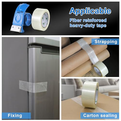 BOMEI PACK 3Rolls Filament Strapping Tape 2Inch with Dispenser, Heavy Duty Fiberglass Reinforced Packing Tape for Shipping, Cross Bi Directional Filanent Tape 2inch x 30Yds x 5.9Mil, Total 90Yds
