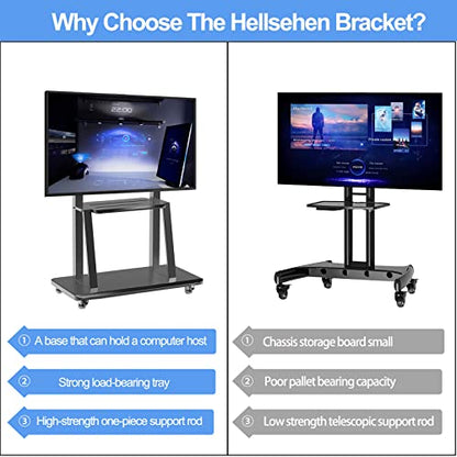 Hellsehen Mobile TV Cart,Rolling TVs Cart on Wheels Height Adjustable Heavy-Duty Floor Stand Base for 42-86 Inch LCD LED OLED Flat Panel Screens Smartboard Movable Holds up to 176lbs with Shelf - size: 42"-86"