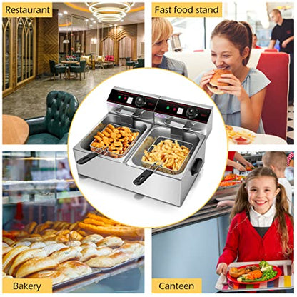 Safstar Professional Electric Deep Fryer, Dual Tank Stainless Steel Chicken Chips Fryer with Basket Scoop for Commercial Restaurant Countertop Family Food Cooking