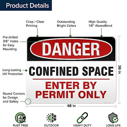 Danger Confined Space Enter By Permit Only Sign, 36x48 Inches, Reflective, - size: 36x48 - DiBound Reflective