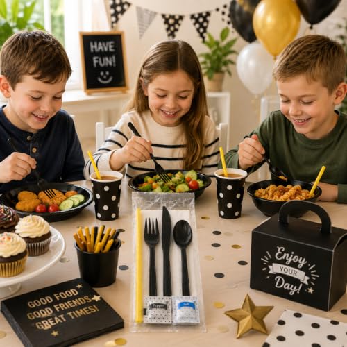 100 pack | Individually wrapped Cutlery set | BlackHeavy Duty Cutlery | Utensil set with Fork, spoon, knife, Napkin, Straw and Salt/Pepper packets (6 in 1) | Plastic Disposable Flatware Cutlery Kits - color: Black