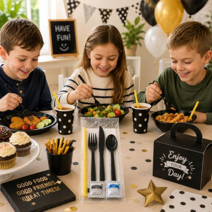 100 pack | Individually wrapped Cutlery set | BlackHeavy Duty Cutlery | Utensil set with Fork, spoon, knife, Napkin, Straw and Salt/Pepper packets (6 in 1) | Plastic Disposable Flatware Cutlery Kits - color: Black