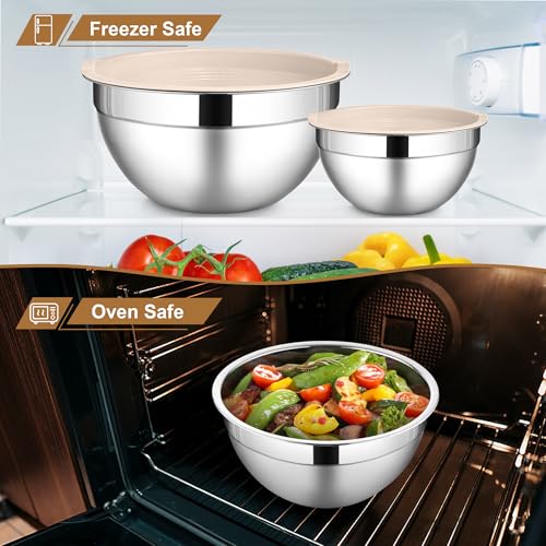 LIANYU 6 PCS Mixing Bowls with Lid Set, Size 7 & 3.5 & 2.5 & 2 & 1.5 & 1QT - color: Khaki, style: Atlas Base with Airtight Lids