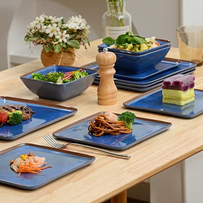 Melamine Dinnerware Set, 12-Piece Blue Square Plates and Bowls for 4