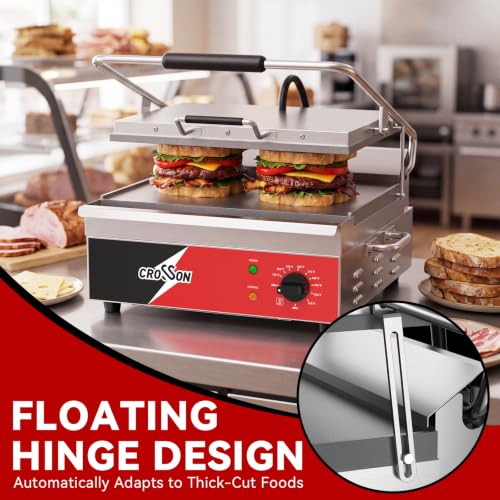 CROSSON 15"×11" Flat ETL Listed Commercial Electric Panini Grill,Hinged Auto Leveling Top Plate Panini Press Sandwitch Maker