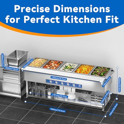 TOPKITCH Commercial Electric Food Warmer Station - 5 Independent 19.5L Pans with Individual German EGO Energy Regulator,5×750W Power, 220V Steam Table for Restaurant, Catering, Party - size: TC-5P