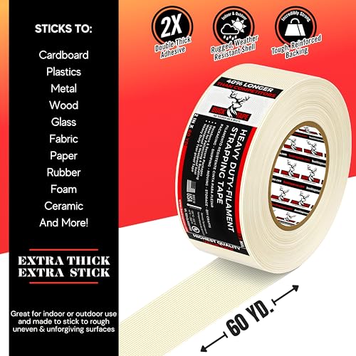 12 Pack Buck Strapping Tape 2 Inch x 60 Yds (180ft), 5.5 Mil – Heavy Duty Fiberglass Tape, Filament Tape, Reinforced Packing Tape with Synthetic PET Adhesive for Bundling, Shipping & Palletizing - size: 2 Inch x 60 Yards, style: 12 Pack