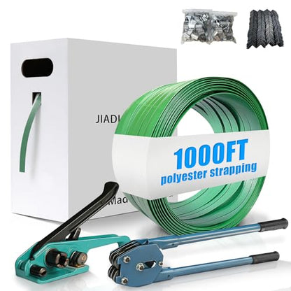 Heavy Duty Banding Strapping kit Contain 5/8"x 1000' Polyester (PET) Packaging Straps & 200 Metal Seals 100 Plastic Edge Protectors Tensioner with Cutter Sealer Tool - size: PET-kit