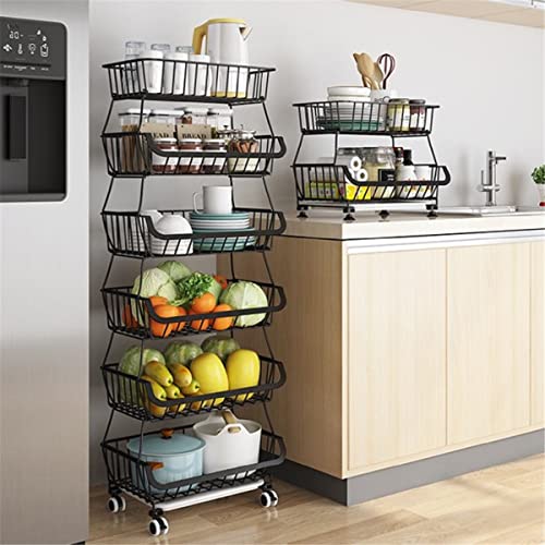 BEEY Metal Storage Baskets with Wheels, Metal Wire Market Basket Storage Organizer Cart Rolling Stackable Storage Bins for Kitchen,Pantry,Bedroom (Black, 6 Tier) - color: Black, size: 6 Tier