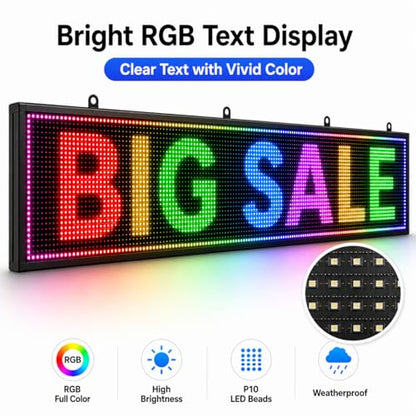 P10 Outdoor LED Message Board 77"x14" - WiFi Programmable Scrolling Text Display, High Brightness Business Sign with SMD Technology for Store Front - size: P10 77"x14"