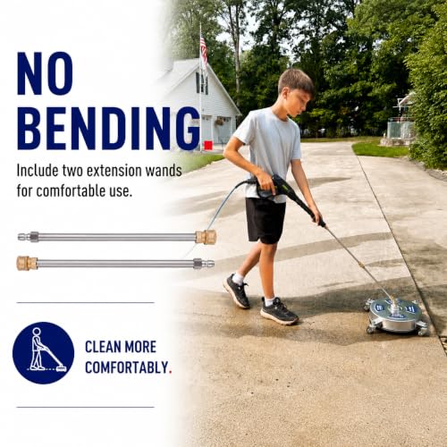 14 Inch Pressure Washer Surface Cleaner – Stainless Steel, 2000–4000 PSI Power Washer Attachment with Wheels, Extension Wands & Quick Connect – Driveway, Patio, Sidewalk, Deck Cleaning Tool