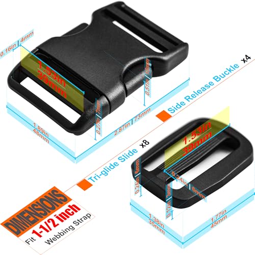 Buckles for 1-1/2 inch Wide Webbing Straps: Quick Side Release Buckle 4 set and Tri-Glide Slide 8 pcs Fit 1.5" Nylon Web Belt, Plastic Snap Fastener Clip Heavy Duty Replacement Dual Adjustable - size: 4 Set for 1-1/2 inch Webbing