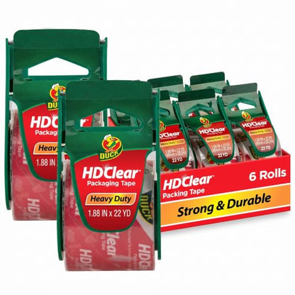 Duck HD Clear Packing Tape with Dispensers - 6 Rolls of Strong Heavy Duty Packing Tape for Shipping and Moving,Boxes and Packaging - 1.88 in. x 22.2 Yards - 1.5" Core - Clear (287732),(Pack of 2) - size: 12 Rolls