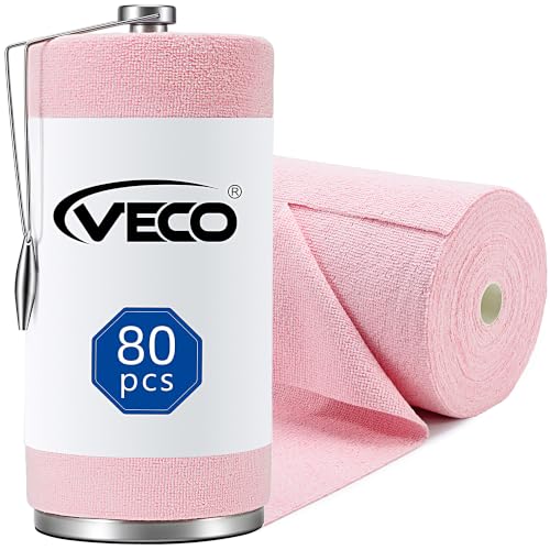 Veco Microfiber Cleaning Cloth Roll with Holder 80 PCS, 12" x 12" Pink - color: Pink-st