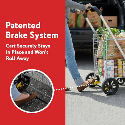 dbest Products Cruiser Cart Deluxe 2 - Foldable Shopping Cart with Wheels & Brake System - Heavy Duty Collapsible Utility Cart for Groceries & Laundry - Holds 100 lbs - Silver, Alloy Steel - color: Silver, style: Deluxe 2