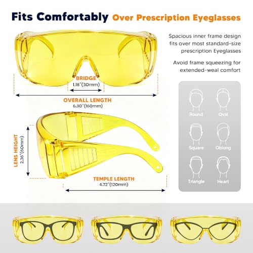 Amber Safety Glasses Over Eyeglasses 6 Pack ANSI Z87.1 Impact & Scratch Resistant, Wide Vision Fits Over Glasses Dust/Chemical Splash Proof Protective Eyewear for Work Construction Yellow Lens - color: 6 Pack/ Amber Glasses