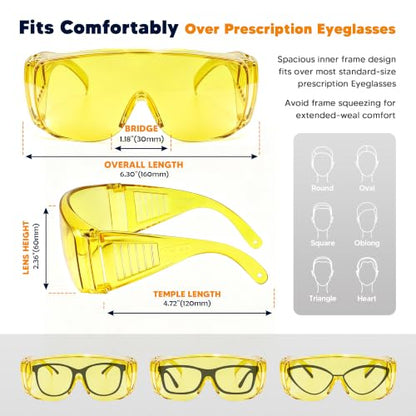 Amber Safety Glasses Over Eyeglasses 6 Pack ANSI Z87.1 Impact & Scratch Resistant, Wide Vision Fits Over Glasses Dust/Chemical Splash Proof Protective Eyewear for Work Construction Yellow Lens - color: 6 Pack/ Amber Glasses