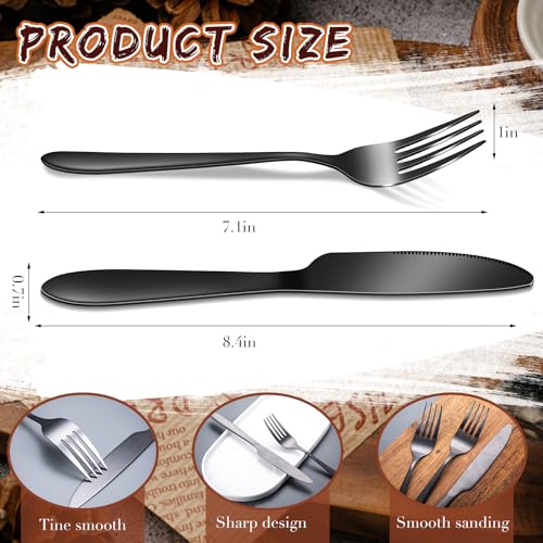 Nuenen 50 Pcs Stainless Steel Forks and Knives Black Silverware Set - color: Black, size: 7.1 x 1 Inch, 8.4 x 0.7 Inch