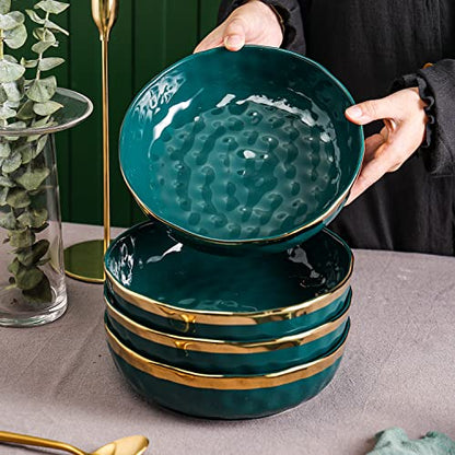 Stone Lain Florian 4-Piece Round Pasta Bowl Set, Green with Gold Rim - color: Green with Gold Rim, size: 4-Piece Pasta Bowl