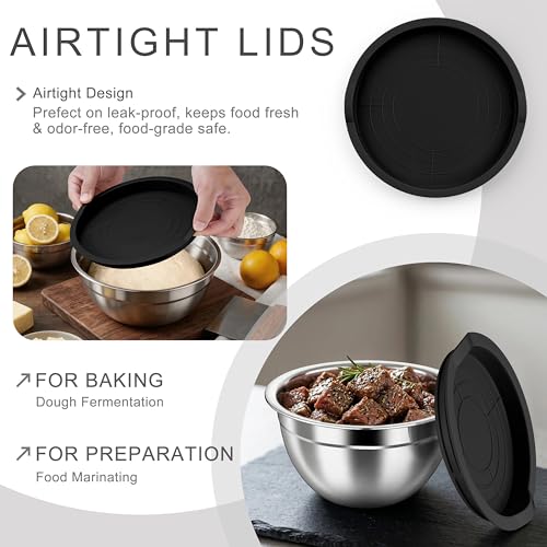 HaWare Mixing Bowls with Airtight Lids, 6-Piece Stainless Steel Salad Bowls - color: Black, size: Airtight Lids