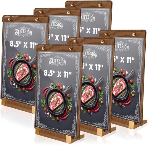 Sliner 6 Pcs 8.5 x 11 Inches Acrylic Sign Holders with Walnut Wood Base Clear Acrylic Frame Display Stand Table Stand for Menu Poster Flyer Restaurant Office Coffee Shop Store Bar - size: 8.5 x 11 Inches