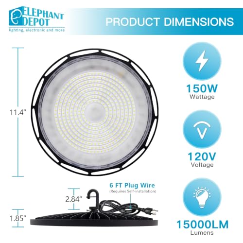 UFO Led High Bay Light, 150W, 15000lm, IP65 Waterproof, 6500K High Bay Led Shop Lights for Gym Factory Warehouse Garage, Plug & Play, AC120V, UL (Black, 150W-1PK)