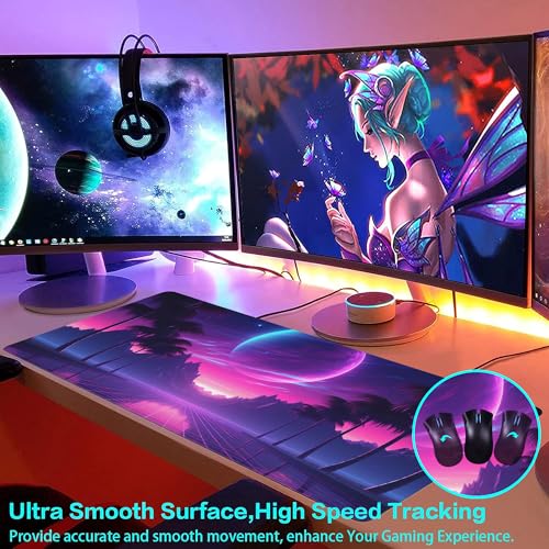 Large Gaming Mouse Pad for Desk,Cool Retrowave Landscape Desk Mat,Science Fiction Scene Desk Pad, Extended Big Computer Keyboard Mouse Pad with Non-Slip Base and Stitched Edge 35.4"x15.7" - color: Cool Retrowave Landscape, size: 15.7" x 35.4"