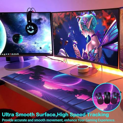 Large Gaming Mouse Pad for Desk,Cool Retrowave Landscape Desk Mat,Science Fiction Scene Desk Pad, Extended Big Computer Keyboard Mouse Pad with Non-Slip Base and Stitched Edge 35.4"x15.7" - color: Cool Retrowave Landscape, size: 15.7" x 35.4"