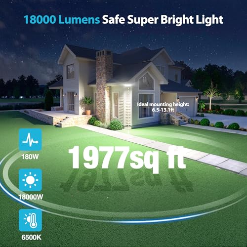 Olafus 180W Motion Sensor Outdoor Lights, 18000LM Ultra-Bright Dusk to Dawn LED Security Flood Light Wired, 6500K Daylight, IP65 Waterproof, for Yard/Garage/Driveway, Black - color: Black