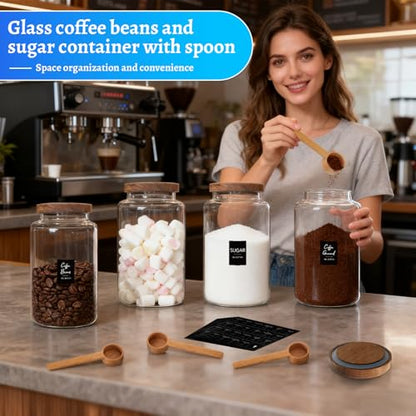 Glass Coffee Jar with Wood Lids Spoon Labels Clear Coffee Ground Canister set of 2,Borosilicate Glass Food Containers for Spice Cookies Sugar Tea Bar (2800ml/94oz-2 pack-with spoon) - color: 2800ml/94oz-2 pack-with spoon