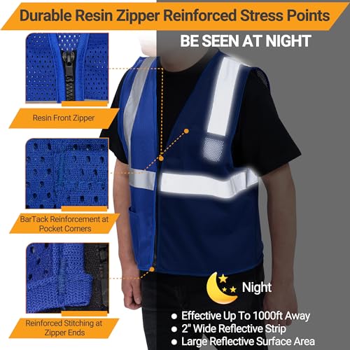 AYKRM 2 Pocket Mesh High Visibility Reflective Safety Vest for men & Women ANSI/ISEA 107 Standards - color: Blue, size: X-Small