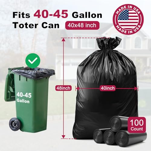 40-45 Gallon Garbage Bags, 40"x48", Pack of 100, Heavy Duty Large Trash Bag, Strong Trash Can Liners for Office, Picnic, Kitchen, Commercial, Made in USA - style: 45Gal-100 pcs-0.8