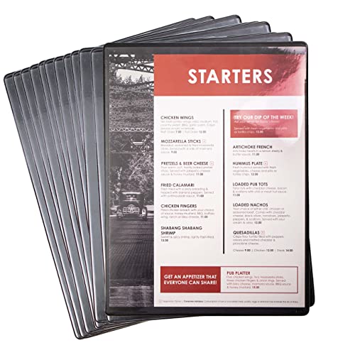 Risch Menu Cover Holder Board, Heat-Sealed, Double-Sided Black Page Hardboard Holder with Clear Pocket Protector Corners – for Restaurants, Wine List, Pubs, Breweries, Bars, 8.5” x 11”, (Pack of 12) - size: 8.5" x 11"