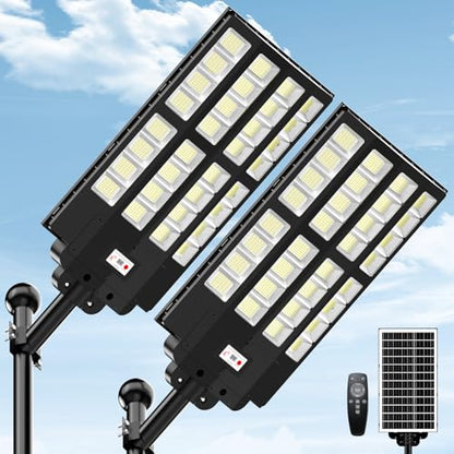 Solar Street Light 2 Pack, 9000W Solar Street Lights Outdoor Waterproof, Solar Parking Lot Lights with Remote Control & Motion Sensor, Pole or Wall Mount, for Commercial Yard Driveway Barn - size: M 2 PACK