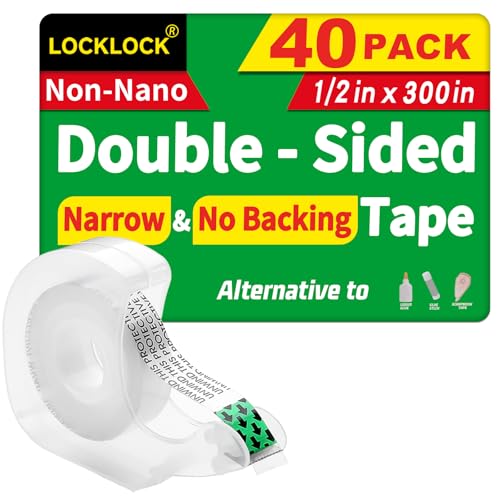 LOCKLOCK Double Sided Tape Light Duty, 40 Pack, 1/2 x 300 inches, Narrow Double StickTape with Dispenser for Crafts, Gift Wrapping, Alternative to Scrapbook Tape, Office School Supplies.