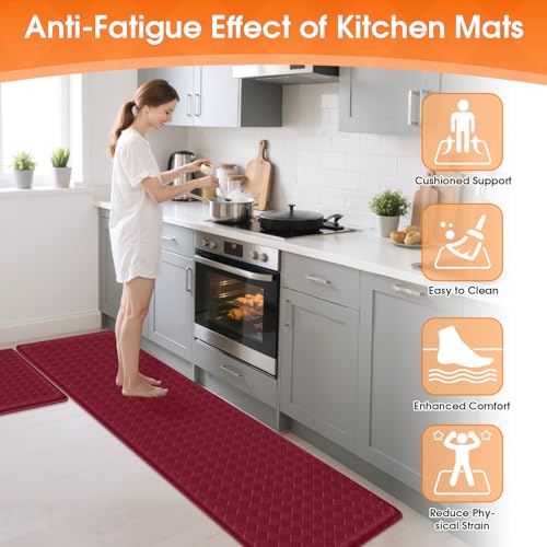 TranquilRelax Kitchen Mats, Cushioned Mats with Extra-Long Runner, Burgundy - color: Burgundy, size: 2-Piece | 30"+71" | Standard
