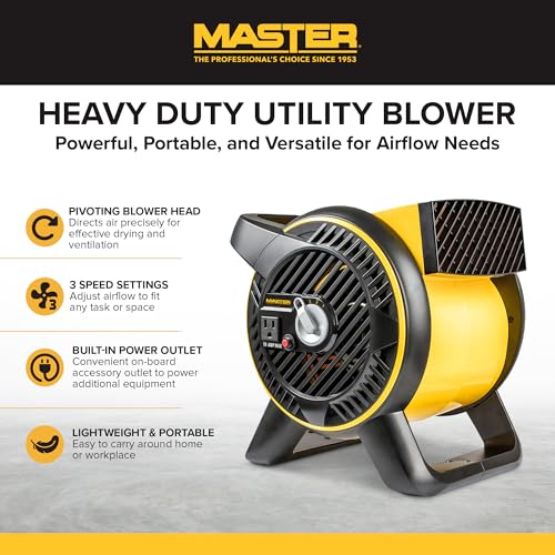 Master Heavy Duty Utility Blower, 3 Speed Portable Floor Fan with Outlet & Pivoting Head for Home & Garage Cooling, Drying and Air Circulation