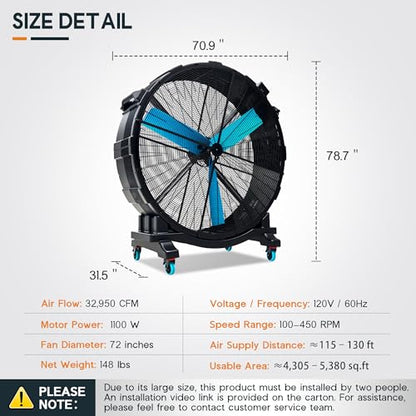Albott 72 Inch Industrial Drum Fan, 1100W Plastic High Velocity Floor Fan - size: 72 Inch