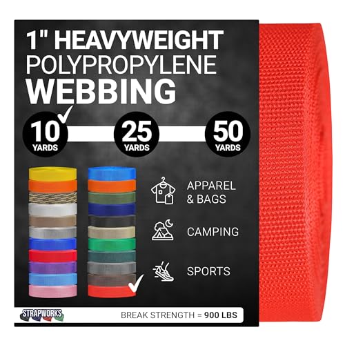 Strapworks Heavyweight Polypropylene Webbing - Heavy Duty Poly Strapping for Outdoor DIY Gear Repair - color: Orange, size: 1" x 10 yard