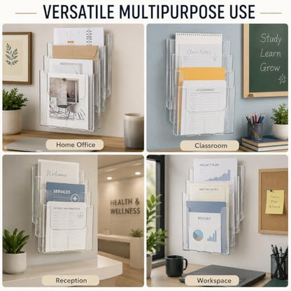 Cabilock 4 Pcs Acrylic Wall File Organizer Clear Vertical Paper Folder Holder Wall Mount Magazine Pocket Brochure Stand for Office Desk 9.8x8.8 In (4PCS) - color: 4PCS